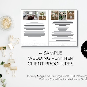 May include: Four sample wedding planner client brochures, including an inquiry magazine, pricing guide, full planning welcome guide, and coordination welcome guide. The brochures are printed on white paper and feature images of floral arrangements and a wedding reception setup. The text "30 PAGES!" is printed in white on a black circle.