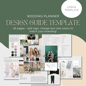 May include: A wedding planner design guide template with a green background. The template includes a table of contents, colour story, mood board, dessert display, and floral arrangements. The text on the cover reads "Wedding Planner Design Guide Template 26 pages - add logo, change text and colours to match your branding!"