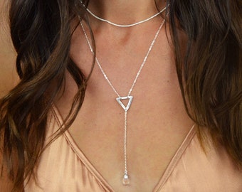 Silver Y Necklace || Triangle Lariat Necklace || Sterling Silver Lariat Necklace || 14k Gold Filled Lariat || Quartz Lariat