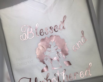 Blessed and Unbothered, Sips Tea, Woman, V-neck, Metallic, White, Custom T-shirt, Rose Gold, Womens Shirt, Ladies Shirt, T-Shirt, Tea Cup,