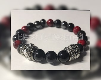 Warrior, Charm Bracelet, Stretch Bracelet, Red Jewelry, black Jewelry, Silver, Gift for Her, Gift for Him, Unisex Bracelet, Natural Stones