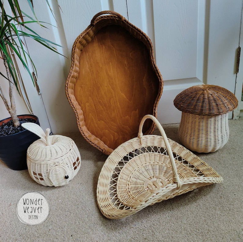 Rattan Wicker Wavy Tray with Handles Scalloped Edge Storage Basket Tea Tray Serving Tray WonderWeaver Design Handmade Hand-dyed image 4