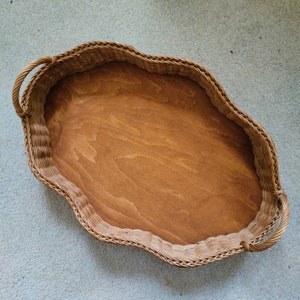 Rattan Wicker Wavy Tray with Handles Scalloped Edge Storage Basket Tea Tray Serving Tray WonderWeaver Design Handmade Hand-dyed Brown