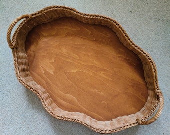 Rattan Wicker Wavy Tray with Handles | Scalloped Edge |Storage Basket | Tea Tray | Serving Tray | WonderWeaver Design | Handmade | Hand-dyed