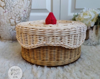 Rattan Wicker Strawberry Cake Basket | Flat | Birthday Cake | Storage Basket | WonderWeaver Design | Handmade | Hand-dyed | Limited Edition