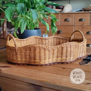 Rattan Wicker Wavy Tray with Handles Scalloped Edge Storage Basket Tea Tray Serving Tray WonderWeaver Design Handmade Hand-dyed image 2
