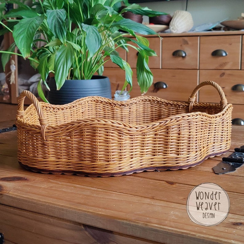 Rattan Wicker Wavy Tray with Handles Scalloped Edge Storage Basket Tea Tray Serving Tray WonderWeaver Design Handmade Hand-dyed image 2