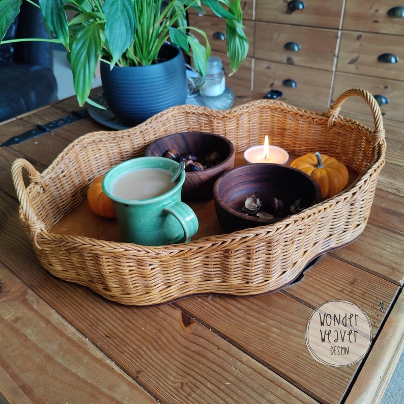 Rattan Wicker Wavy Tray with Handles Scalloped Edge Storage Basket Tea Tray Serving Tray WonderWeaver Design Handmade Hand-dyed image 3
