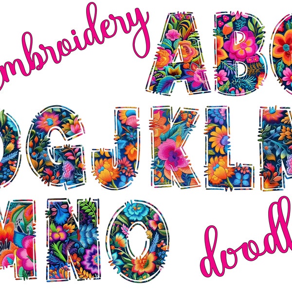 Embroidery Fonts Digital Download | Embroidered Font Sublimation | Doodle Sketch Alphabet PNG | Floral Tropical SVG | 12 Embroidery Patterns