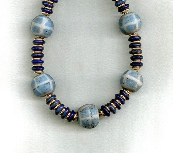 Ancient Blue and White Glass Beads with Lapis Heishi beads
