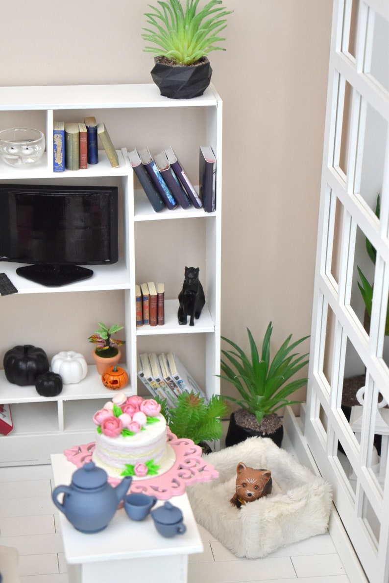 Pu&ograve; includere: Una libreria bianca con una statuetta di gatto nero, libri e una pianta in vaso. Un televisore nero &egrave; sullo scaffale superiore. Un letto per cani bianco con una statuetta di cane marrone &egrave; sul pavimento. Una torta rosa con glassa bianca e fiori rosa &egrave; su un supporto per torta rosa. Un bollitore blu e tazze da t&egrave; sono su un tavolo bianco.