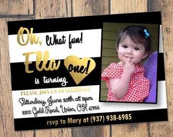 Black & White Striped With Gold Birthday Party Invitation -- First Birthday