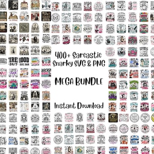 Pode incluir: Uma coleção digital de mais de 400 designs gráficos sarcásticos e irónicos em formatos SVG e PNG. A imagem apresenta uma grelha de numerosas ilustrações circulares e quadradas com várias citações humorísticas, caveiras e textos coloridos.