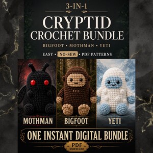 Puede incluir: Un paquete de 3 patrones de ganchillo digitales en PDF que incluye a Mothman, Bigfoot y Yeti. El Mothman es negro con ojos rojos, el Bigfoot es marrón con detalles beige y el Yeti es blanco con detalles azul claro. Texto: 3-IN-1 CRYPTID CROCHET BUNDLE.