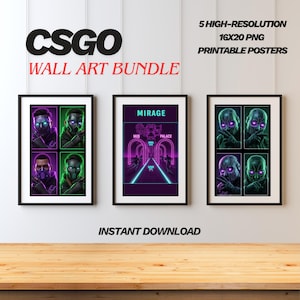 Puede incluir: Paquete de arte mural CSGO con tres carteles enmarcados. Los carteles muestran arte digital con acentos verdes y morados neón. Un cartel dice "Mirage" con el texto "Mid" y "Palace". El texto "Instant Download" también es visible.