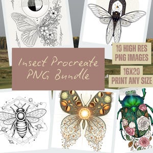 May include: A bundle of digital insect art prints featuring detailed illustrations of butterflies, bees, and beetles. The designs are intricate, with a celestial theme. The image includes the text "Insect Procreate PNG Bundle" and "10 High Res PNG Images 16x20 Print Any Size."