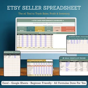 May include: A computer screen displays an Etsy seller spreadsheet with sales, profit, and inventory tracking tools. The spreadsheet includes a performance dashboard, monthly breakdown, and inventory tracker. Text on the screen reads "ETSY SELLER SPREADSHEET".