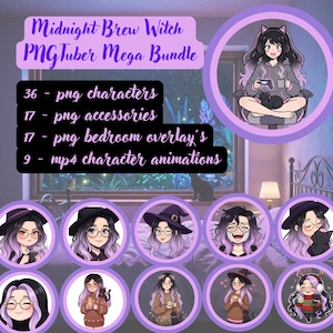 以下が含まれることがあります： 「Midnight Brew Witch PNGTuber Mega Bundle」を宣伝する画像。デジタルアートアセットを紹介しています。バンドルには、PNGキャラクター、アクセサリー、ベッドルームオーバーレイが含まれています。画像には、紫色の髪の魔女のキャラクターの円形の肖像画がさまざまなポーズで表示されています。