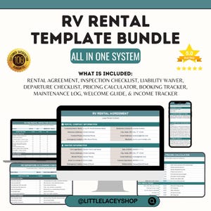 May include: An RV rental template bundle displayed on a computer monitor, laptop, and smartphone. The bundle includes a rental agreement, inspection checklist, and pricing calculator. The text reads "RV Rental Template Bundle" and "All in One System."