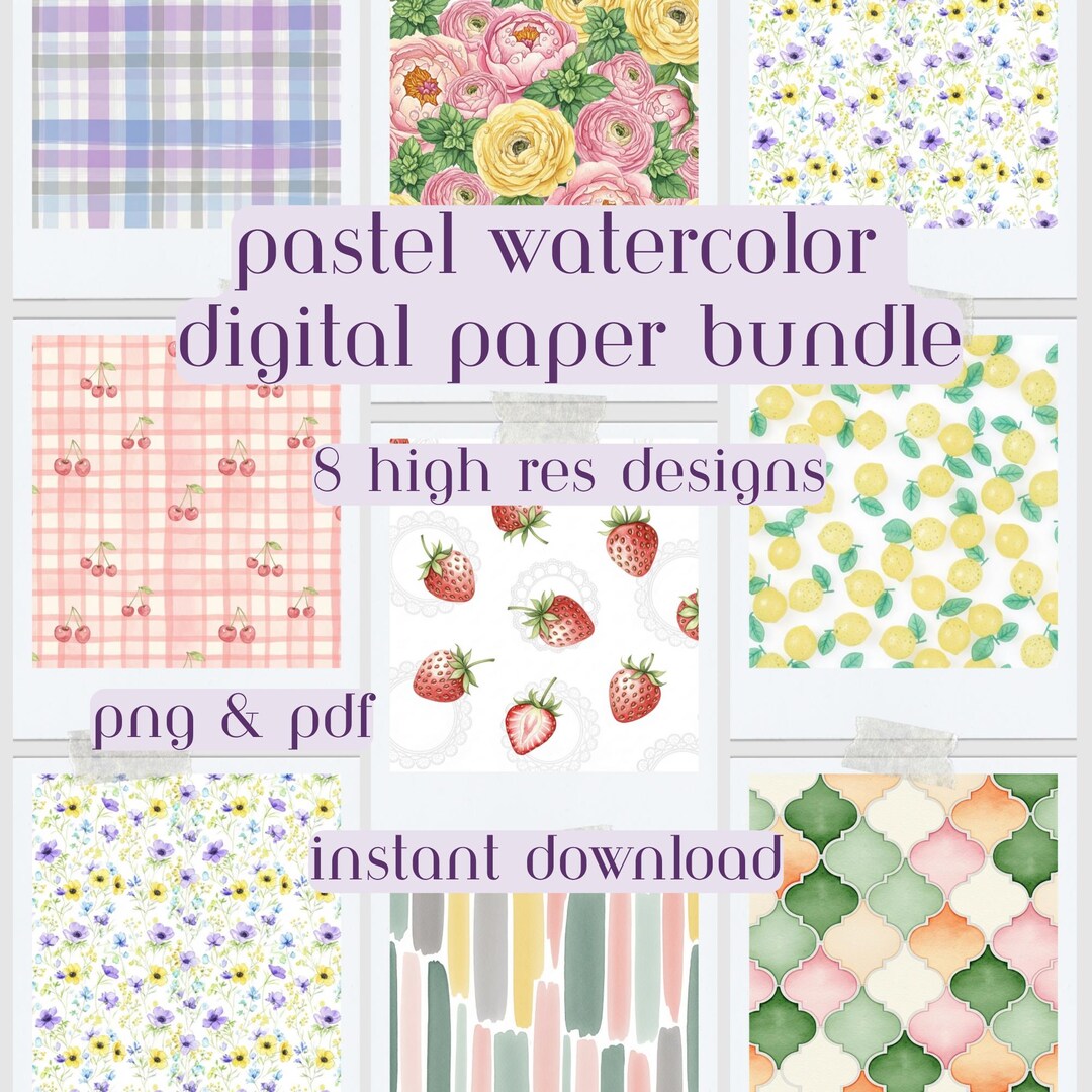 Pastel Watercolor Digital Paper Bundle, Floral, Gingham (digital ...