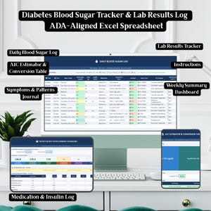 May include: A computer monitor and two mobile devices displaying a diabetes blood sugar tracker and lab results log. The text on the screen reads "Diabetes Blood Sugar Tracker & Lab Results Log ADA-Aligned Excel Spreadsheet."