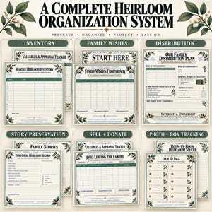 May include: A complete heirloom organization system featuring printed forms for inventory, family wishes, distribution, story preservation, sell and donate tracking, and photo and box tracking. Each page includes botanical illustrations.