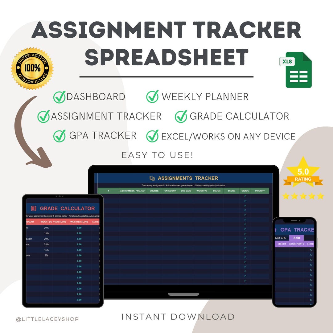 Assignment Tracker Spreadsheet | Auto Grade Calculator | Student ...