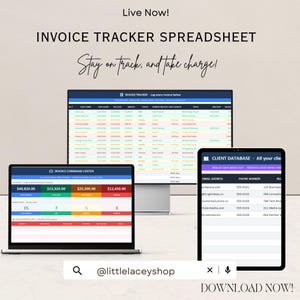 Może przedstawiać: Cyfrowy arkusz kalkulacyjny do śledzenia faktur wyświetlany na laptopie, monitorze stacjonarnym i tablecie. Widoczny jest tekst "INVOICE TRACKER SPREADSHEET" i "Stay on track, and take charge!". Ekran laptopa pokazuje dane finansowe.