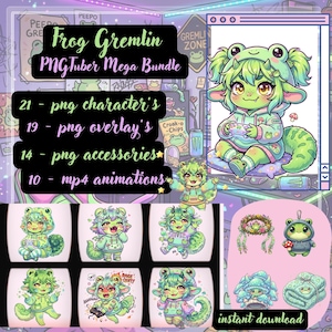 May include: A digital art bundle featuring a green frog gremlin character. The bundle includes PNG characters, overlays, accessories, and MP4 animations. The main image shows the gremlin in a hoodie, holding a game controller, with additional character variations.