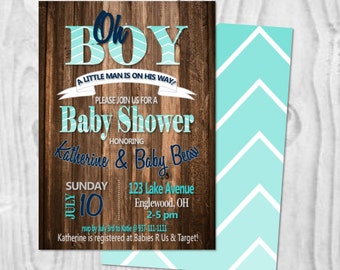 Baby Boy Baby Shower Invitation -- Teal & Navy Blue -- Wood Background
