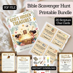 May include: A printable Bible Scavenger Hunt bundle with the text "God's Hidden Treasures." The bundle includes a cover image with children and a treasure chest, clue cards, and instructions. The text "20 Scripture Clue Cards" is also visible.