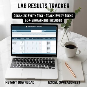 May include: A laptop displaying a "LAB RESULTS TRACKER" spreadsheet. The screen shows a table with test results. Text on the screen includes "ORGANIZE EVERY TEST • TRACK EVERY TREND" and "60+ BIOMARKERS INCLUDED." The words "INSTANT DOWNLOAD" and "EXCEL SPREADSHEET" are also visible.