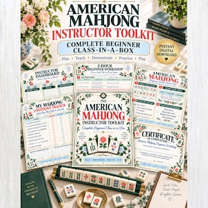 May include: An American Mahjong instructor toolkit featuring a collection of printed instructional materials, including a dashboard, workshop guide, confidence tracker, and certificate, alongside a tile rack with tiles and a green notebook.