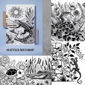 Op de afbeelding: Een verzameling zwart-wit kleurplaten met dierenthema. De pagina's bevatten illustraties van een hagedis, slang, schildpad, alligator en een hagedis op een stenen muur. De pagina's worden weergegeven met een potlood en een houten clip.