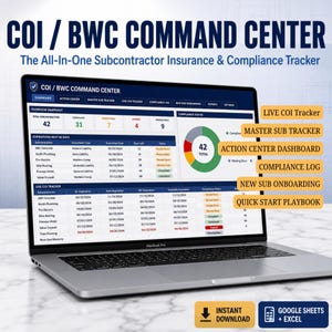 May include: A laptop displaying the COI / BWC COMMAND CENTER dashboard, an all-in-one subcontractor insurance and compliance tracker. The screen shows data tables, a pie chart, and navigation tabs. Text labels highlight features like Live COI Tracker.