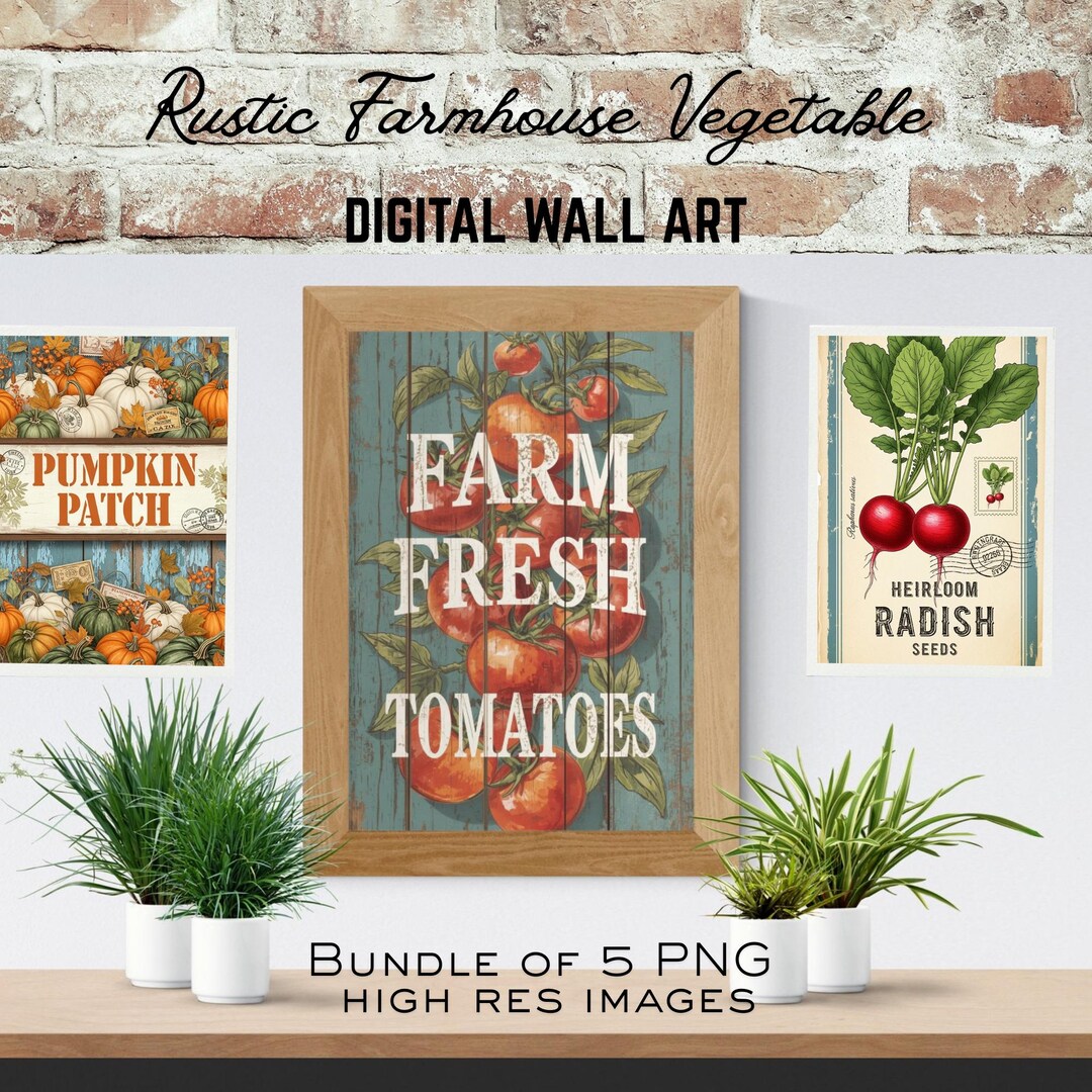 rustic vegetable kitchen prints | 3-piece wall art |... Farmhouse Kitchen Vegetable Prints | Vintage Botanical Art (set of 5 ...