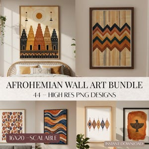 May include: A digital collection of wall art prints featuring various designs including geometric patterns, stylized temple structures, abstract waves, leaf motifs, and a bird silhouette in warm earth tones of orange, brown, and deep blue.