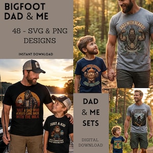 Pacchetto di 48 disegni SVG e PNG "Bigfoot Papà e Me" / Magliette abbinate per padre, figlio e figlia / File di taglio per sublimazione Cricut per la Festa del Papà
