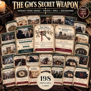 May include: A collection of 198 rectangular game cards titled The GM's Secret Weapon, featuring illustrations and text for story hooks, twists, NPCs, and encounters. The cards have a vintage aesthetic with detailed artwork and printed descriptions.