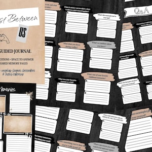 May include: A guided journal titled "Just Between Us" with the text "36 Questions + Space to Answer Shared Memory Pages." The journal is tan with a heart and hand symbol. Beside it are pages with Q&A prompts.