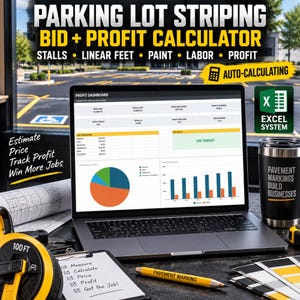 May include: A laptop displaying a parking lot striping bid and profit calculator spreadsheet with charts, next to a yellow 100 ft measuring tape, a notepad with handwritten notes, a yellow pencil, and a black tumbler with white text.