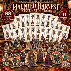May include: Haunted Harvest Twisted Storybook set featuring 88 foldable RPG miniatures on 11 printable sheets. The collection includes various fantasy characters with detailed illustrations, including a pumpkin-headed figure.