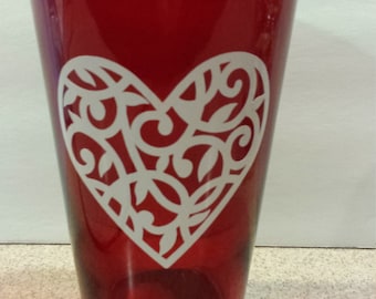 Tall Red Vase with White Filigree Heart - Valentine's Day