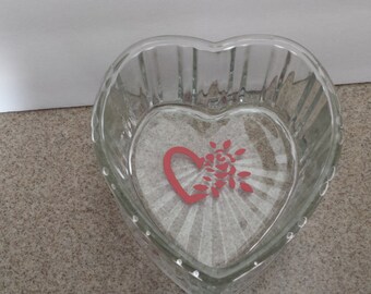 Gorgeous Glass Heart Candy or Trinket Dish Accented with Red Heartand Flower