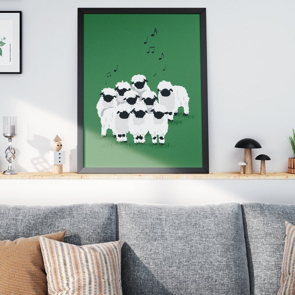 Valais Blacknose Sheep Choir, Home Deco, Printable Illustration, Cartoon style Art, Digital Download, Cartoonimal Series