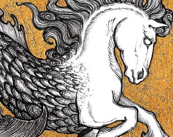 Hippocampus - 5x7 Reproduction of Original Pen & Ink Drawing - Printed Gold Leaf - Limited Edition of 50 - Actual Image Size: 2x3.