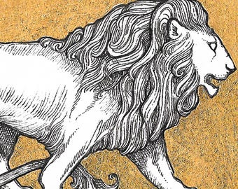 Lion - 5x7 Reproduction of Original Pen & Ink Drawing - Printed Gold Leaf - Limited Edition of 50 - Actual Image Size: 2x3.