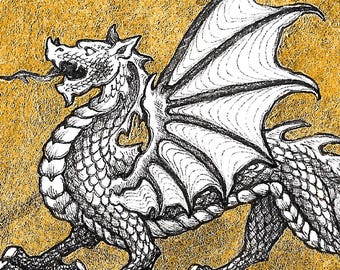 Light Dragon - 5x7 Reproduction of Original Pen & Ink Drawing - Printed Gold Leaf - Limited Edition of 50 - Actual Image Size: 2x3.