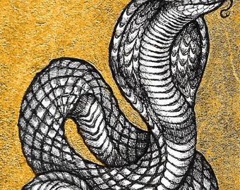 Cobra - 5x7 Reproduction of Original Pen & Ink Drawing - Printed Gold Leaf - Limited Edition of 50 - Actual Image Size: 2x3.