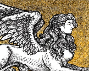 Sphinx - 5x7 Reproduction of Original Pen & Ink Drawing - Printed Gold Leaf - Limited Edition of 50 - Actual Image Size: 2x3.